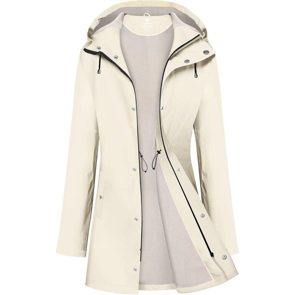 Women Beige Fleece Long Hooded Waterproof Rain Windbreaker Trench Coat Outdoor
